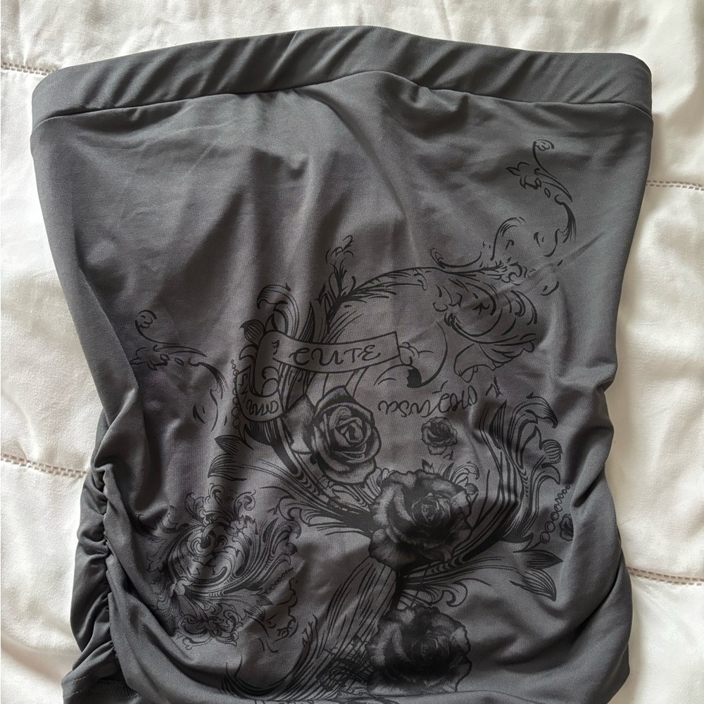 Gray Strapless Top with Black Floral Design